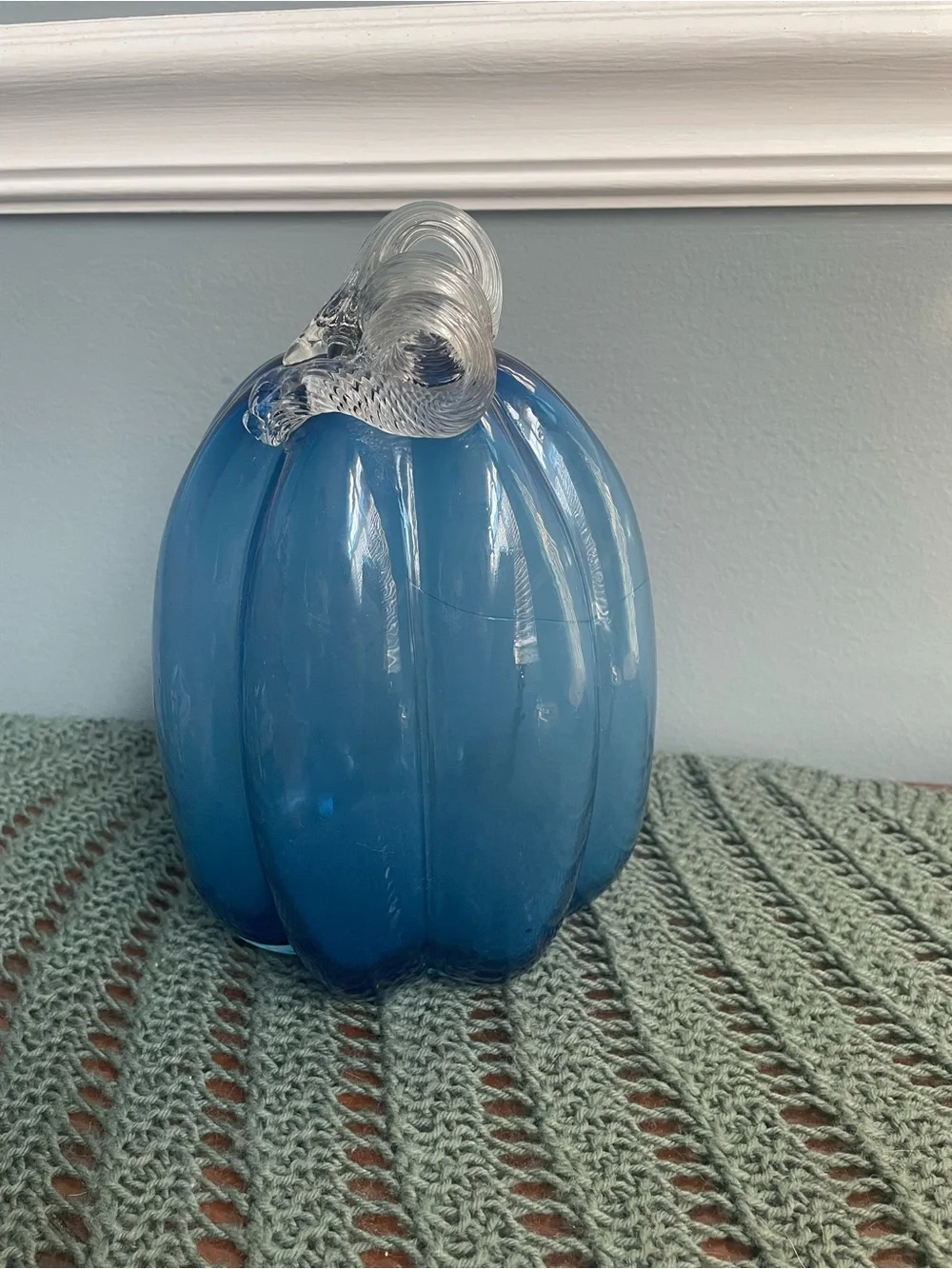 Blue Glass Pumpkin Decorative Accent with Clear Stem